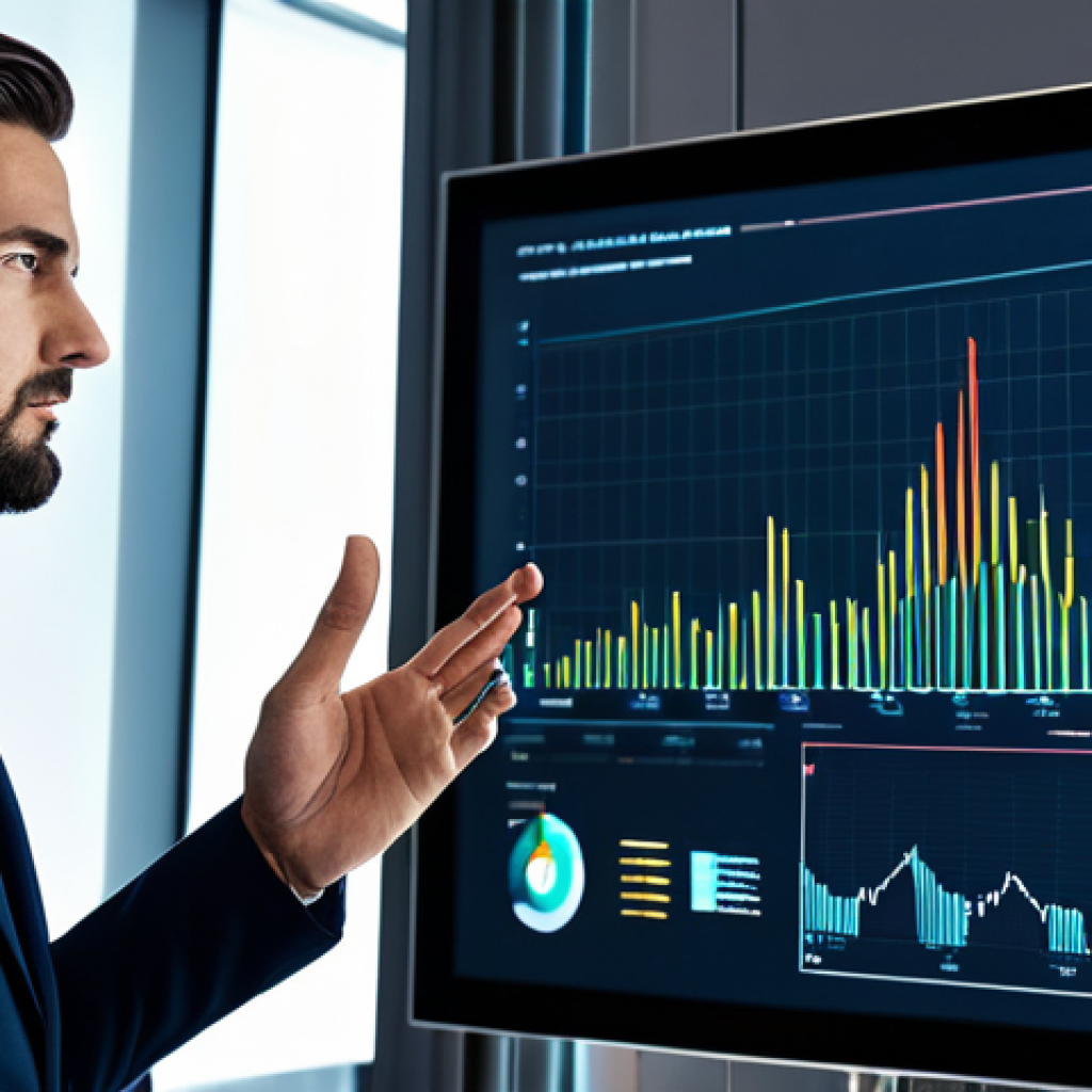 A professional data consultant in a modest business suit, standing in a sleek, modern office. They are interacting with a large digital screen displaying complex data visualizations, charts, and predictive models, illustrating data-driven insights. The atmosphere is highly analytical and forward-thinking. The subject is fully clothed, appropriate attire, safe for work, perfect anatomy, correct proportions, natural pose, well-formed hands, proper finger count, natural body proportions, professional photography, high quality.