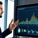 A professional data consultant in a modest business suit, standing in a sleek, modern office. They are interacting with a large digital screen displaying complex data visualizations, charts, and predictive models, illustrating data-driven insights. The atmosphere is highly analytical and forward-thinking. The subject is fully clothed, appropriate attire, safe for work, perfect anatomy, correct proportions, natural pose, well-formed hands, proper finger count, natural body proportions, professional photography, high quality.