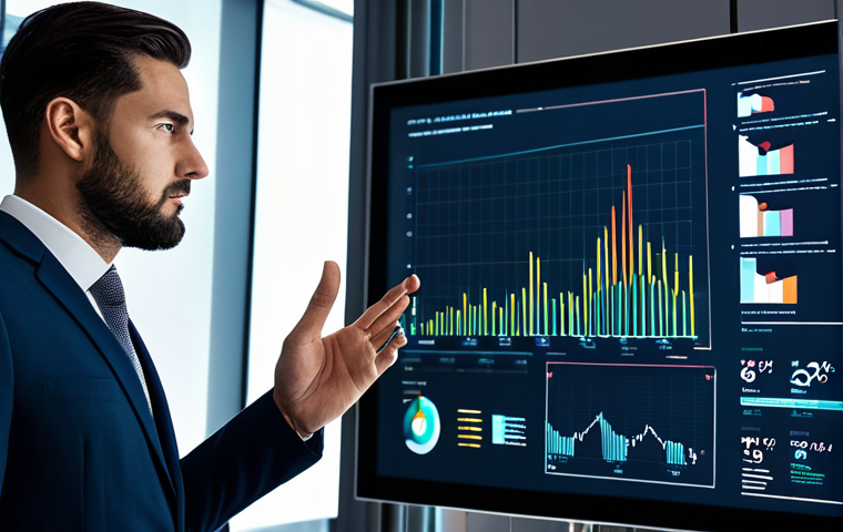 A professional data consultant in a modest business suit, standing in a sleek, modern office. They are interacting with a large digital screen displaying complex data visualizations, charts, and predictive models, illustrating data-driven insights. The atmosphere is highly analytical and forward-thinking. The subject is fully clothed, appropriate attire, safe for work, perfect anatomy, correct proportions, natural pose, well-formed hands, proper finger count, natural body proportions, professional photography, high quality.