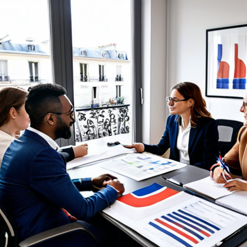 International Business Expansion in France**

"A team of diverse professionals collaborating in a modern Parisian office, discussing market analysis documents and adaptation strategies for a new product launch in France. The scene includes French flags subtly in the background, showcasing international collaboration and strategic planning. Everyone is fully clothed in business attire, appropriate for a professional meeting. Safe for work, perfect anatomy, natural proportions, professional photography, high quality, modest, family-friendly, appropriate content."

**