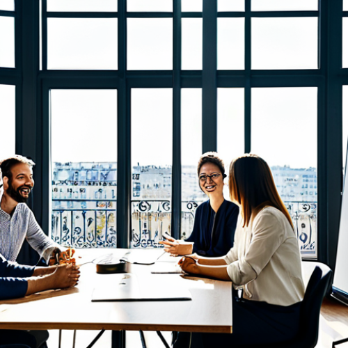 Modern Office Environment - Innovation and Collaboration**

"A bright, open-plan office space in Paris, France. Several professionals, fully clothed in stylish, modest business attire, are collaborating around a large table, discussing ideas on a whiteboard. Sunlight streams through large windows overlooking the city. The atmosphere is energetic and creative, showcasing innovation and teamwork. safe for work, appropriate content, professional environment, perfect anatomy, correct proportions, natural pose, well-formed hands, proper finger count, family-friendly"

**