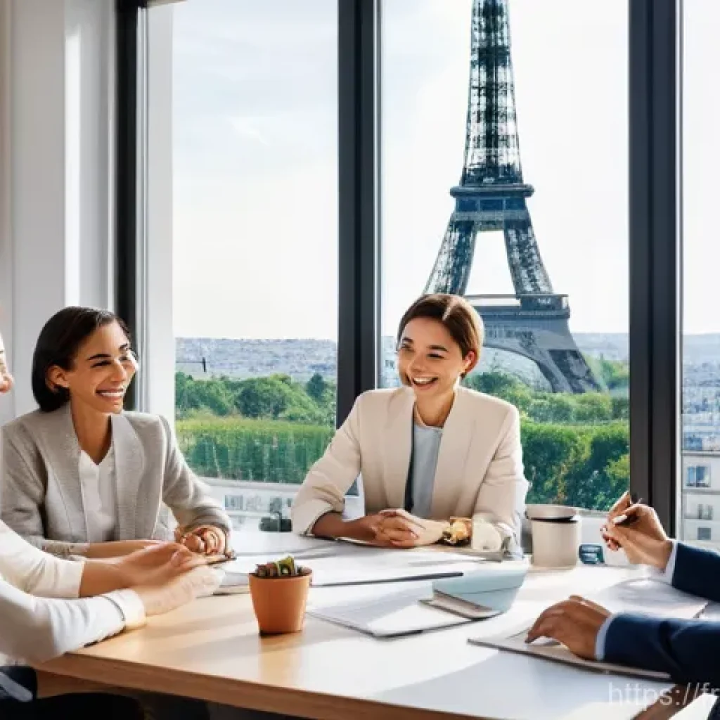 기업경영지도사로서 성공 사례 스터디 - A vibrant, sunlit image capturing a modern, hybrid French workspace. In the foreground, a diverse gr...