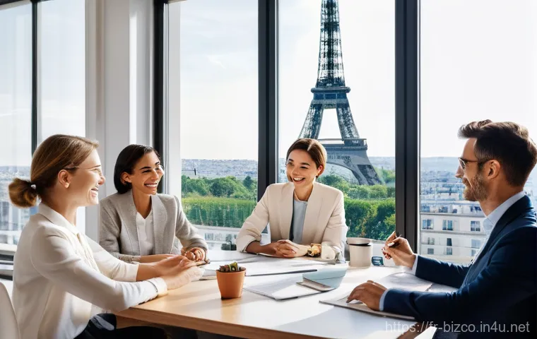 기업경영지도사로서 성공 사례 스터디 - A vibrant, sunlit image capturing a modern, hybrid French workspace. In the foreground, a diverse gr...