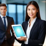 기업경영지도사 자격증이 필요한 이유 - **Prompt:** A highly professional female consultant, dressed in a sharp business suit, stands confid...