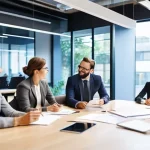 기업경영지도사와 기업 문화 개선 - **Prompt:** "A vibrant, modern office space bathed in warm, natural light. Diverse professionals of ...