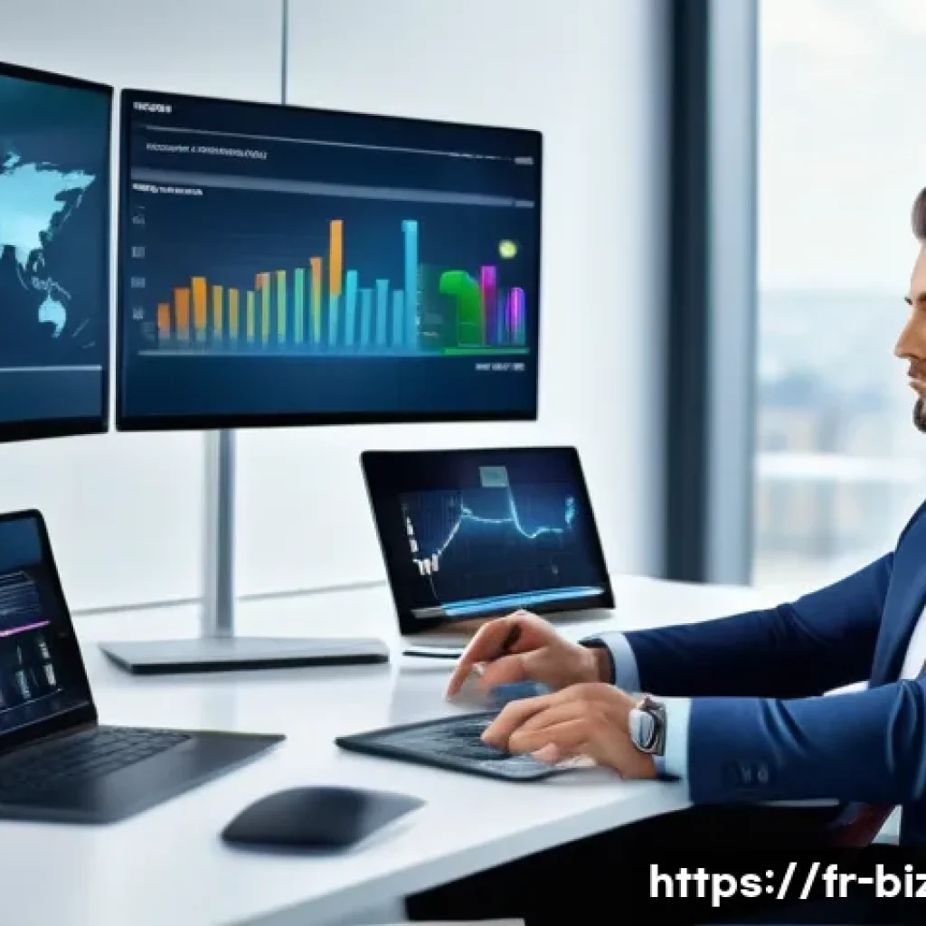 기업경영지도사 자격증 관련 최신 뉴스 - A modern business consultant in a sleek office environment, working on a large touchscreen displayin...