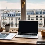 기업경영지도사와 창업 지원 사례 - A detailed illustration of a modern French entrepreneur&rsquo;s workspace in Paris, showcasing a well-orga...