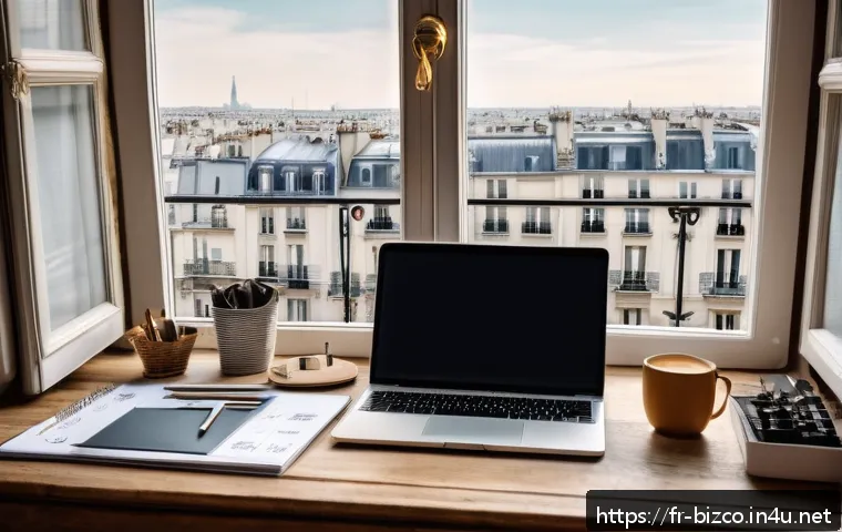 기업경영지도사와 창업 지원 사례 - A detailed illustration of a modern French entrepreneur’s workspace in Paris, showcasing a well-orga...