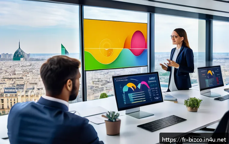 기업경영지도사와 고객 데이터 관리 - A modern office scene showing a diverse team of French marketing and data analysts collaborating aro...