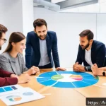 기업경영지도사 이론과 실무 통합 학습법 - A modern French office environment with diverse teams engaged in an agile workflow: employees collab...