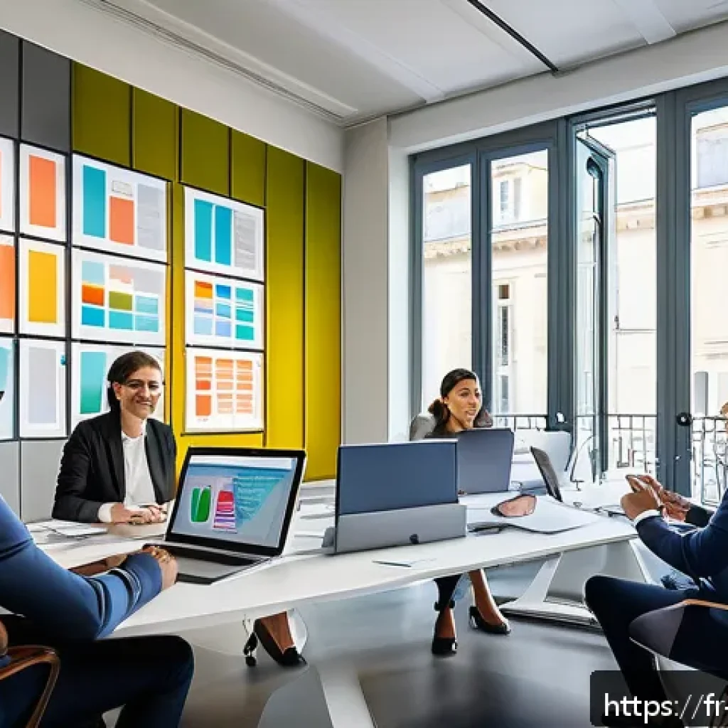기업경영지도사와 비즈니스 분석 - A modern, bright office environment in Paris with diverse business professionals collaborating aroun...