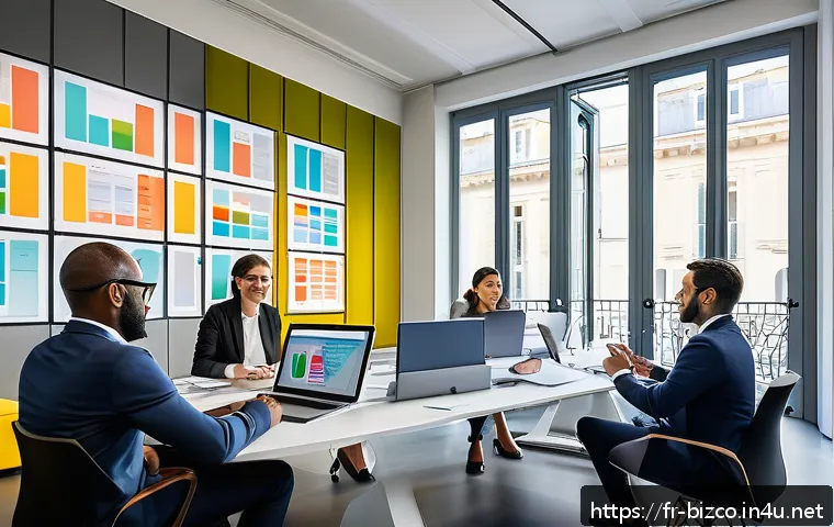 기업경영지도사와 비즈니스 분석 - A modern, bright office environment in Paris with diverse business professionals collaborating aroun...
