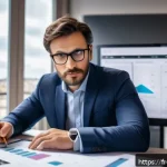 기업경영지도사와 비즈니스 모델 혁신 - A professional business consultant analyzing a digital dashboard in a modern Parisian office, filled...