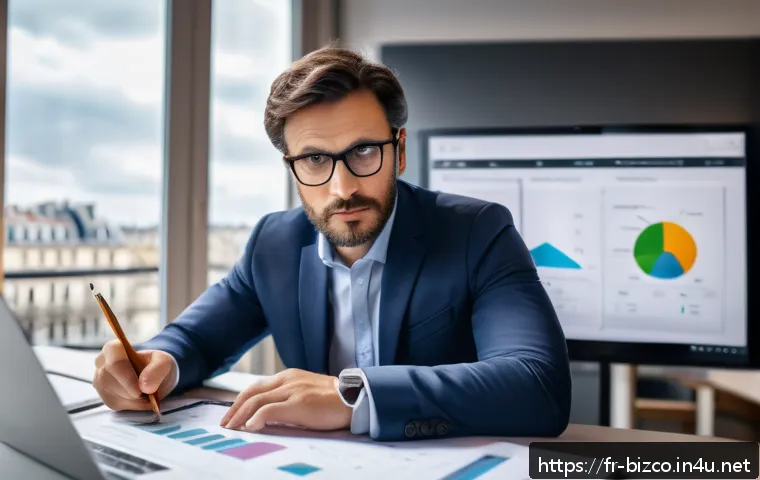 기업경영지도사와 비즈니스 모델 혁신 - A professional business consultant analyzing a digital dashboard in a modern Parisian office, filled...