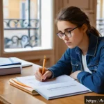 기업경영지도사 필기시험 실전 전략 - A focused young French university student sitting at a tidy wooden desk in a bright, quiet study roo...