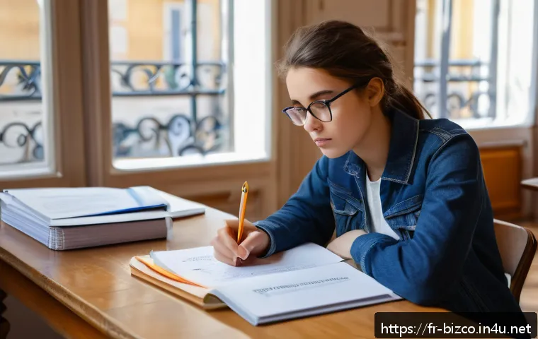 기업경영지도사 필기시험 실전 전략 - A focused young French university student sitting at a tidy wooden desk in a bright, quiet study roo...