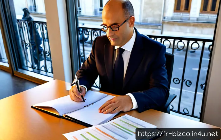 기업경영지도사 실기시험 성공 사례 - Photorealistic French business consultant success scene, confident middle-aged professional in smart...