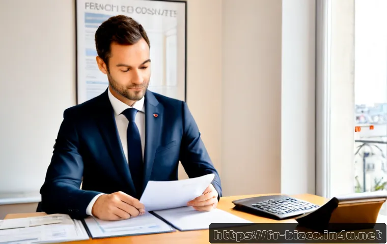 기업경영지도사 자격증 유지 및 갱신 - Photorealistic French business consultant in a bright Paris office, carefully organizing professiona...